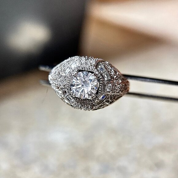 Art Deco Style Round Cut Cz Silver 925 Ring - Picture 4 of 13